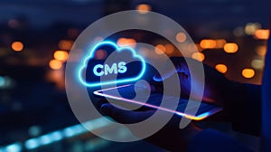 Businessman Accessing Cloud-Based Content Management System CMS Software on Mobile Device at Night.