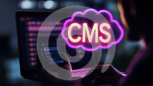 Businessman Accessing Cloud-Based Content Management System On Mobile Device At Night