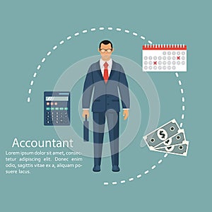 Businessman accountant. Concept of calculation and accounting. Vector illustration in flat design. Man working with reports, finan