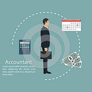 Businessman accountant. Concept of calculation and accounting. Vector illustration in flat design. Man working with reports, finan