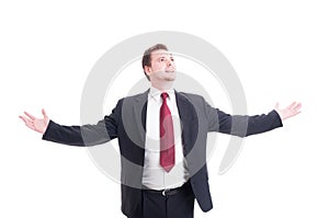 Businessman, accountant or financial manager with arms outspread