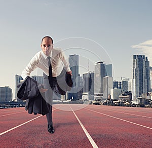 Businessman acts like a runner. Competition and challenge in business concept