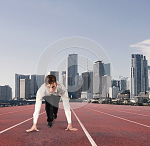 Businessman acts like a runner. Competition and challenge in business concept