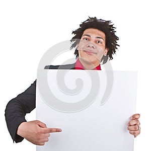 Businessman with afro with blank sign