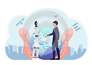 Businessman and ai robot shaking hand of against the world and satellite in background