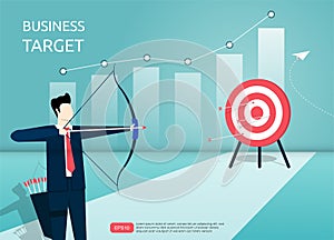 Businessman aiming the target with arrow. Man character shooting at the target. graph and chart symbol background. Focus on target