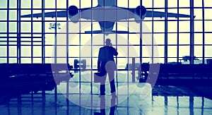 Businessman Airport Terminal Waiting Standing Alone Travel Concept