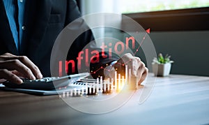 Businessman analyzes inflation for business planning in an inflationary economy, and inflation control, US dollar inflation,
