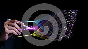 Businessman analyzing complex big data with AI artificial intelligence, analytics metrics, Data Mining, insights data science,