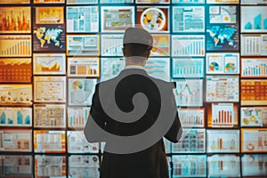 Businessman analyzing a creative data collage on a digital wall display from behind