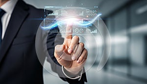 Businessman analyzing data on digital interface.