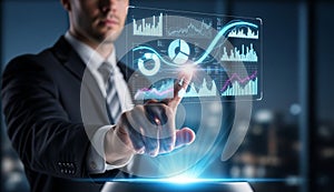 Businessman analyzing data on digital interface.