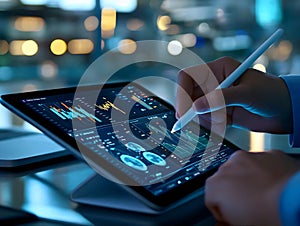 Businessman analyzing data on digital tablet at night