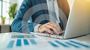 Businessman Analyzing Data on Laptop in Modern Office Environment