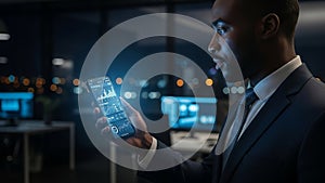 Businessman analyzing data on smartphone