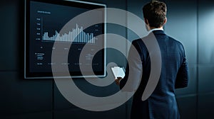Businessman analyzing data trends on a digital screen in an office environment