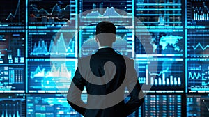 Businessman Analyzing Data on a Wall of Monitors