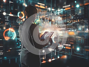 Businessman Analyzing Digital Data on Tablet