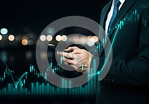 businessman analyzing finance technology data on smartphone