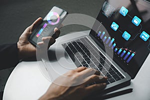 Business analyst using digital tools to analyze data for corporate strategy