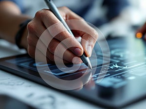Businessman analyzing financial data on digital tablet with stylus pen