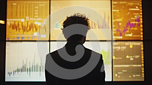Businessman analyzing financial data on multiple computer screens