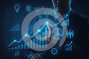 Businessman analyzing financial growth charts and data on a futuristic digital interface hand pointing