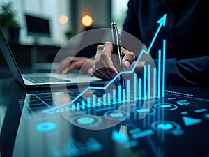 Businessman analyzing glowing blue financial charts on laptop, growth and data analytics concept