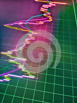 Businessman analyzing investment charts with laptop. Stock market chart, graph on blue background. Screen background showing stock