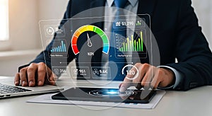 Businessman analyzing key performance indicators on a digital tablet for strategic decision making