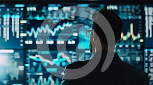 Businessman analyzing real-time data on digital screens