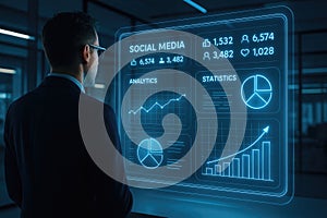 Businessman analyzing social media analytics dashboard