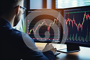 Businessman analyzing stock market data on computer monitor. Investment and trading concept