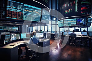 Businessman analyzing stock market data on computer monitor in the office, Bustling trading floor with multiple monitors