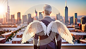Businessman with Angel Wings on his Back Looking a Modern City - Generative Ai