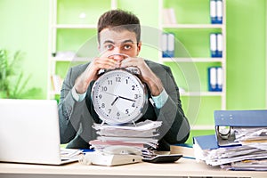 Businessman angry with excessive work sitting in the office in t