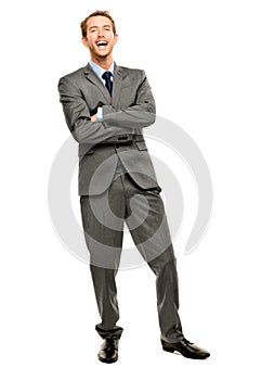 Businessman arms folded smiling isolated white background