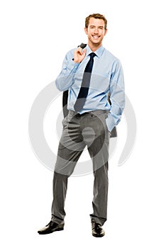 Businessman arms folded smiling isolated white background