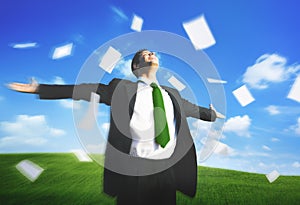 Businessman Arms Outstretched Getaway Freedom Flying Paper Conce