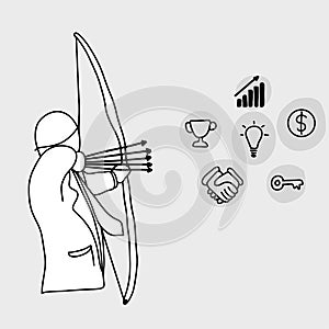 businessman as an archer using five arrows aiming to business icon vector illustration doodle sketch hand drawn with black lines