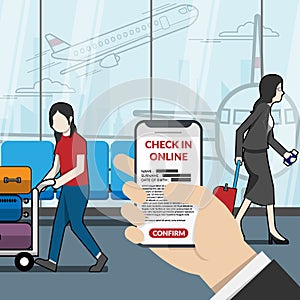 Businessman as passenger using application for check in online at the airport. technology for travel concept. vector illustrator