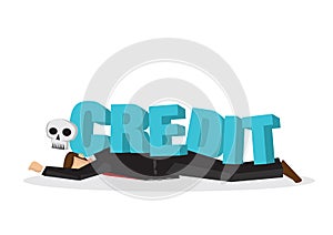 Businessman attacks, fall and collapse by giant lettering â€œCreditâ€. Concept of debt crisis, corporate sabotage or bankruptcy