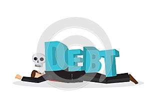 Businessman attacks, fall and collapse by giant lettering â€œDebtâ€. Concept of debt crisis, corporate sabotage or bankruptcy