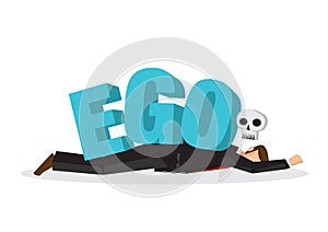 Businessman attacks, fall and collapse by giant lettering â€œEgoâ€. Concept of identity crisis, emotional sabotage self pride or