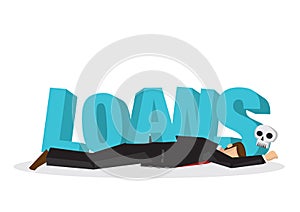 Businessman attacks, fall and collapse by giant lettering â€œLoansâ€. Concept of crisis, corporate sabotage or company misfortune