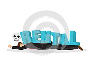 Businessman attacks, fall and collapse by giant lettering â€œRentalâ€. Concept of rental debt crisis, housing problem or