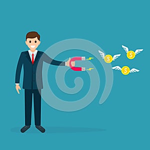 Businessman attracting flying money with magnet flat vector illustration. Business concept