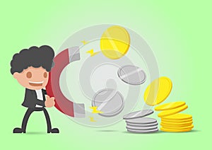 Businessman Attracts Money Coin Gold Silver Vector