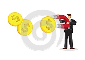 Businessman attracts money with a large money magnet. Concept of