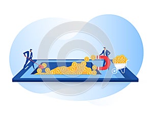 Businessman attracts money using a large magnet on mobile vector illustrator